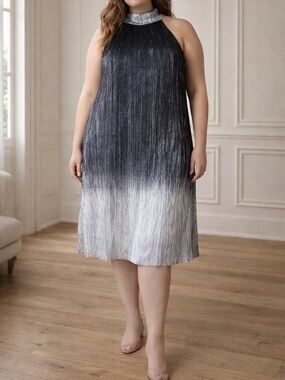 Samuel Dong Pleated Shimmer Midi Dress Silver Black Halter Metallic Ombre